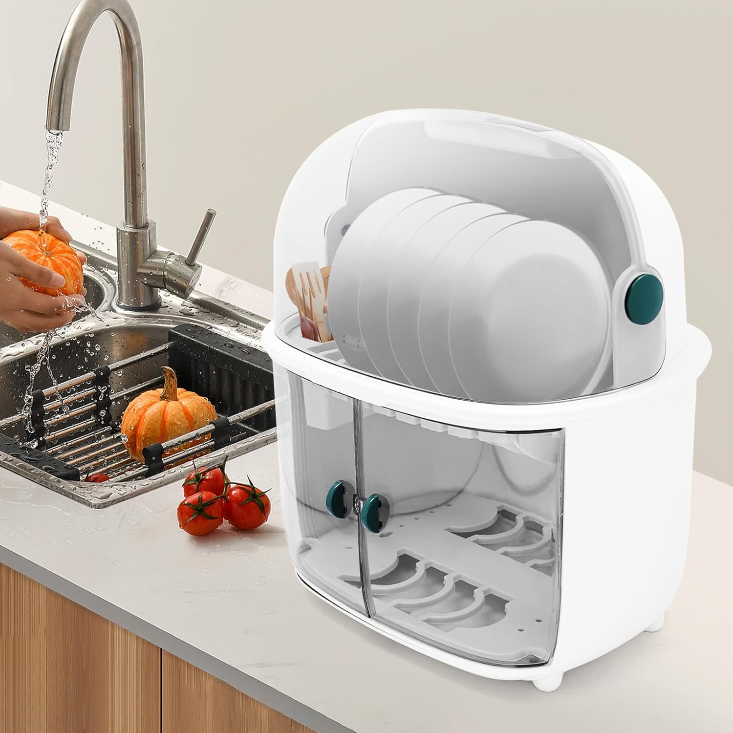 Égouttoir à Vaisselle à 2 étages avec Couvercle Transparent et Plateau à Tasses