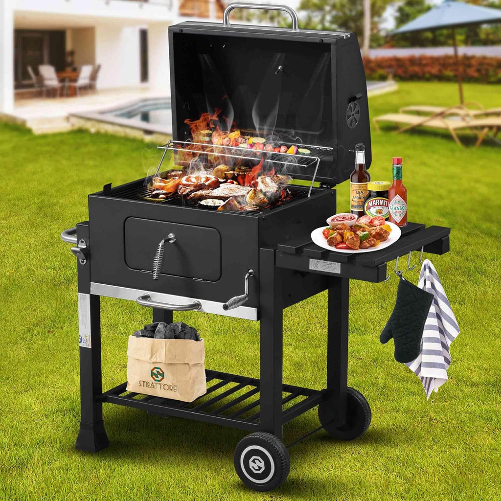 Chariot de barbecue au charbon familial avec 3 grilles | 116cm x 55,7cm x 100 cm