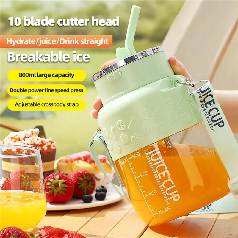 800ml Wireless Portable Electric Juicer Cup – 10 Stainless Steel Blades | USB Rechargeable Fruit Smoothie Blender with Straw & Lanyard