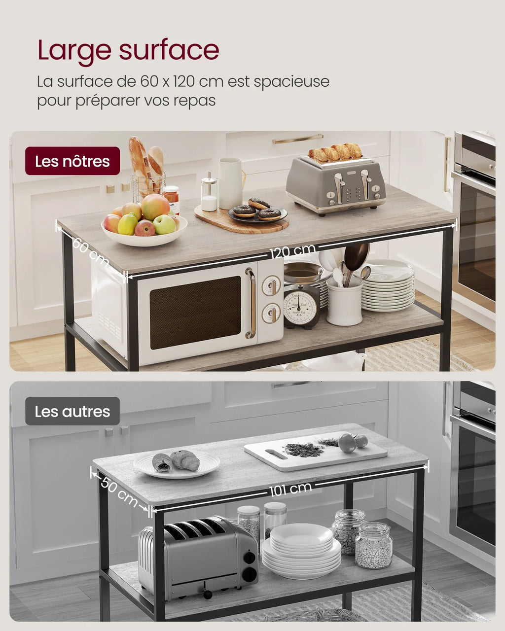 🍴 Îlot de Cuisine Grège Rustique Industriel – 3 Niveaux de Rangement | 120 x 60 x 90 cm