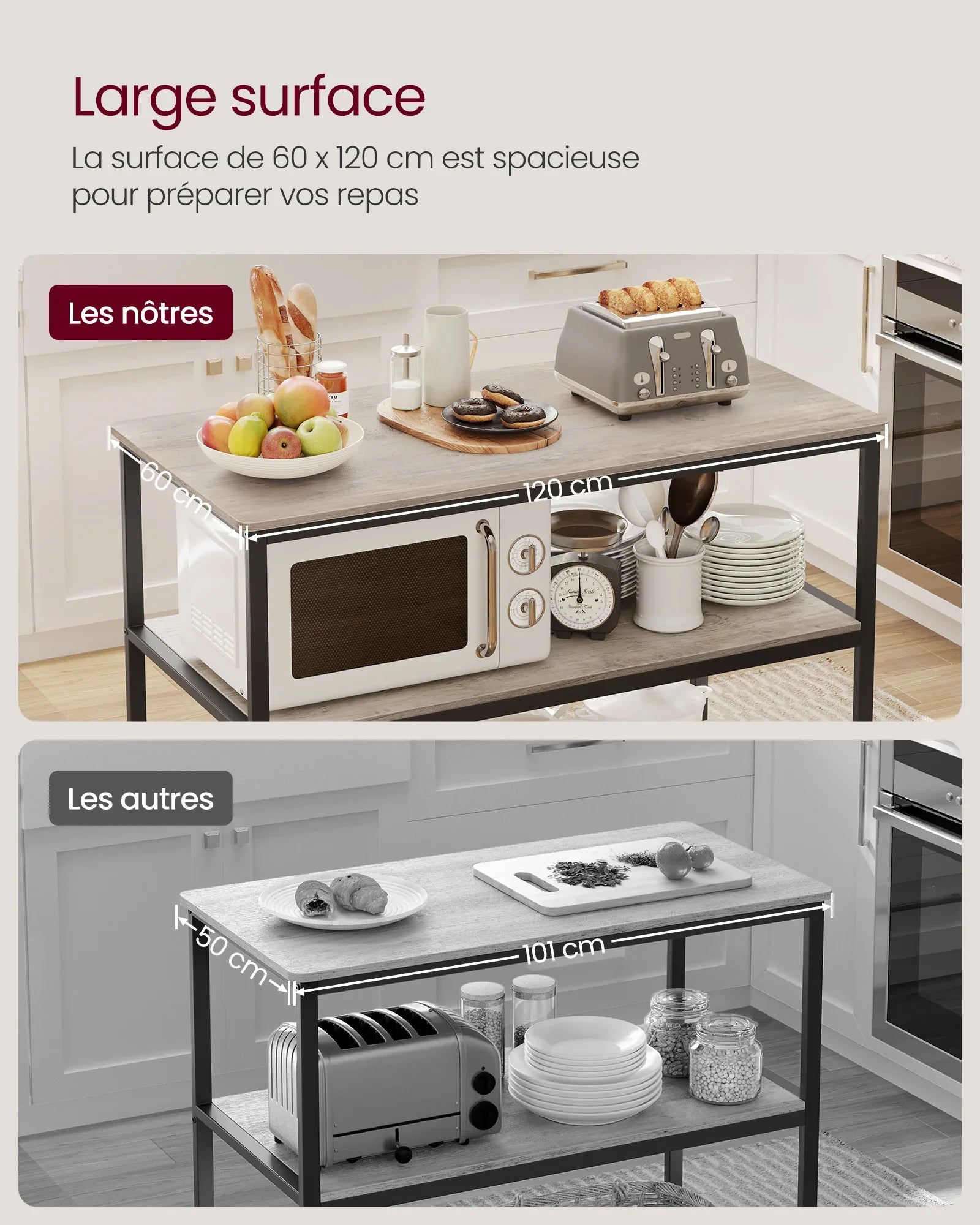 🍴 Îlot de Cuisine Grège Rustique Industriel – 3 Niveaux de Rangement | 120 x 60 x 90 cm