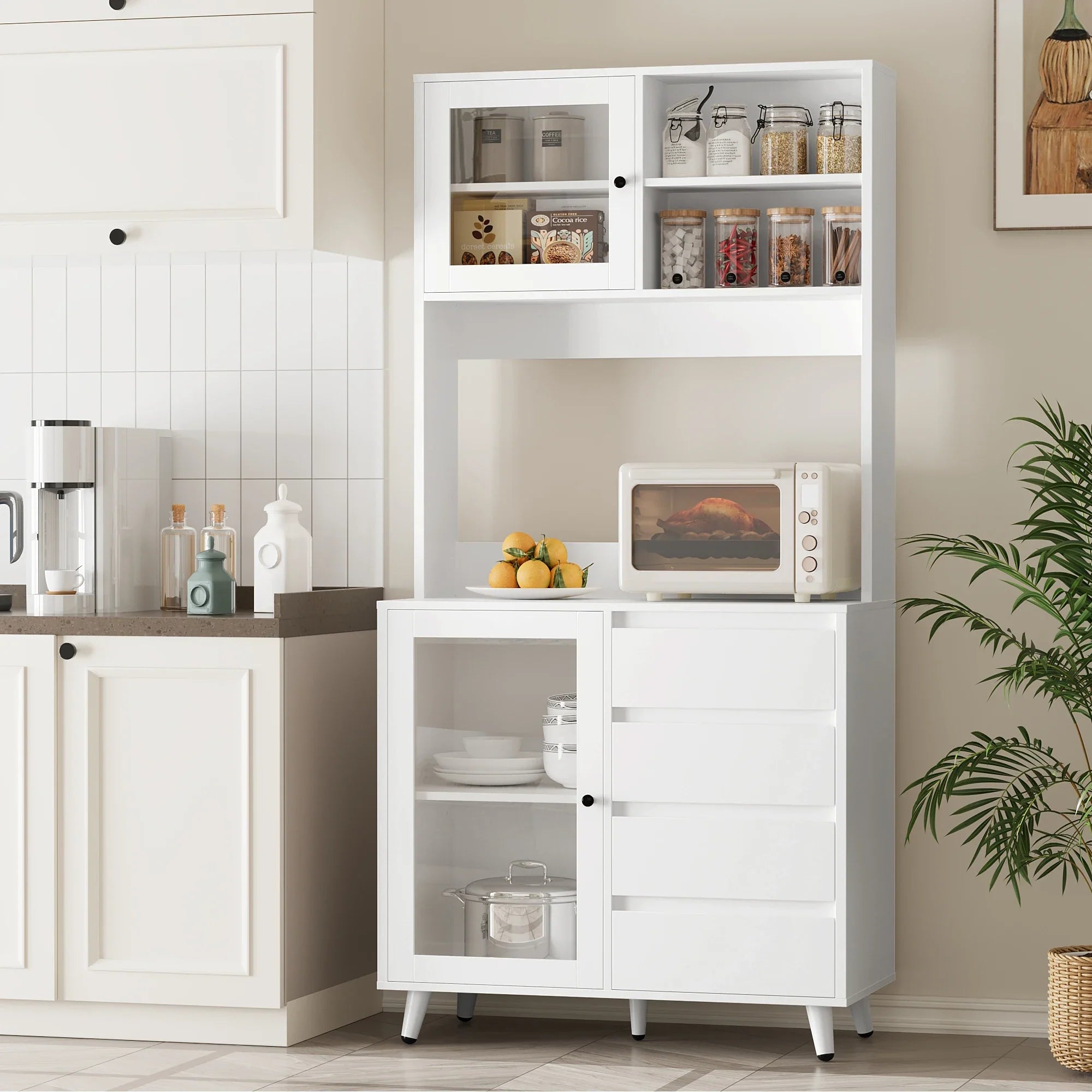 White kitchen sideboard with 4 drawers and glass doors 80x40x180cm