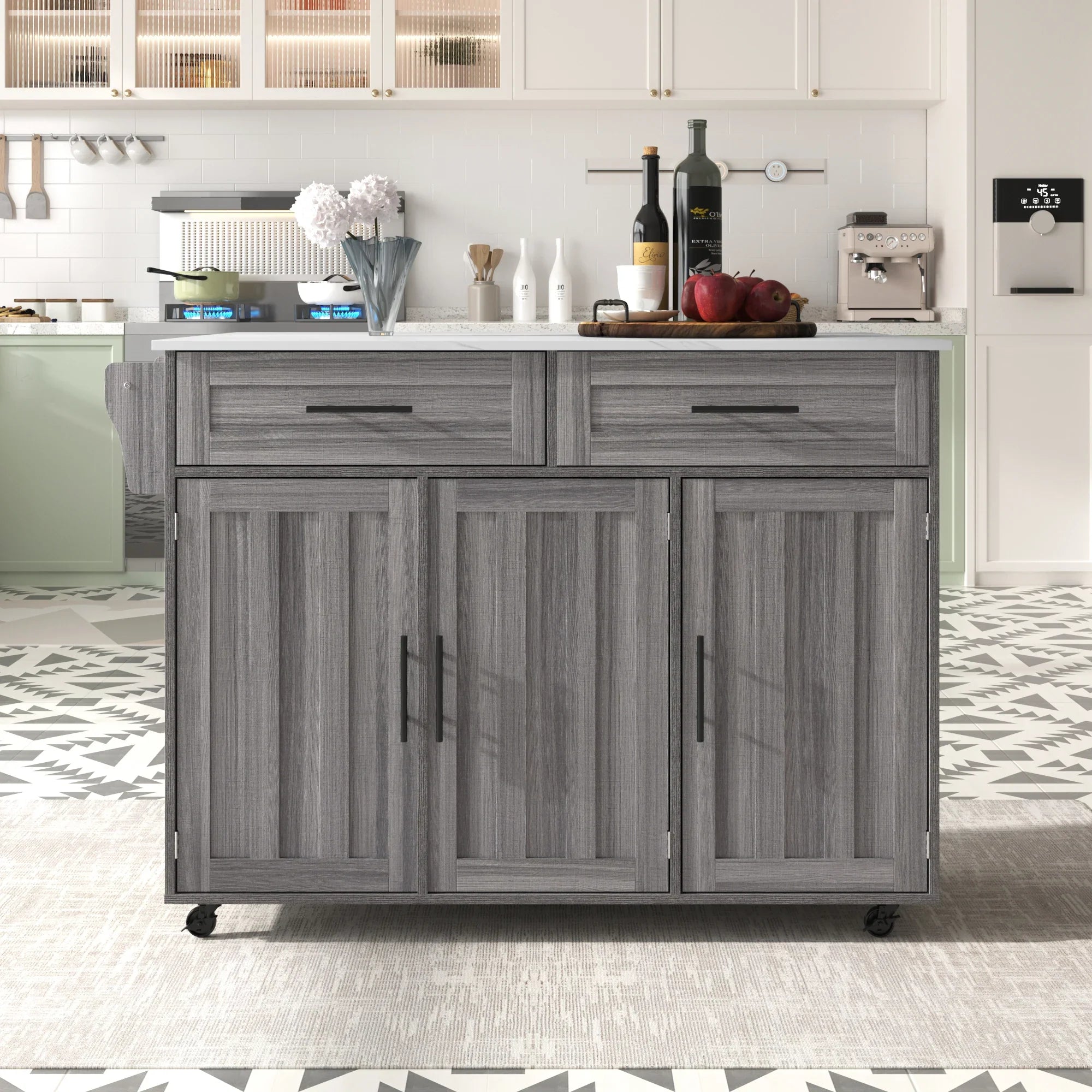 5-Wheel Kitchen Trolley – Khaki Grey Wood & Marble Top | 129 x 71 x 91.5 cm