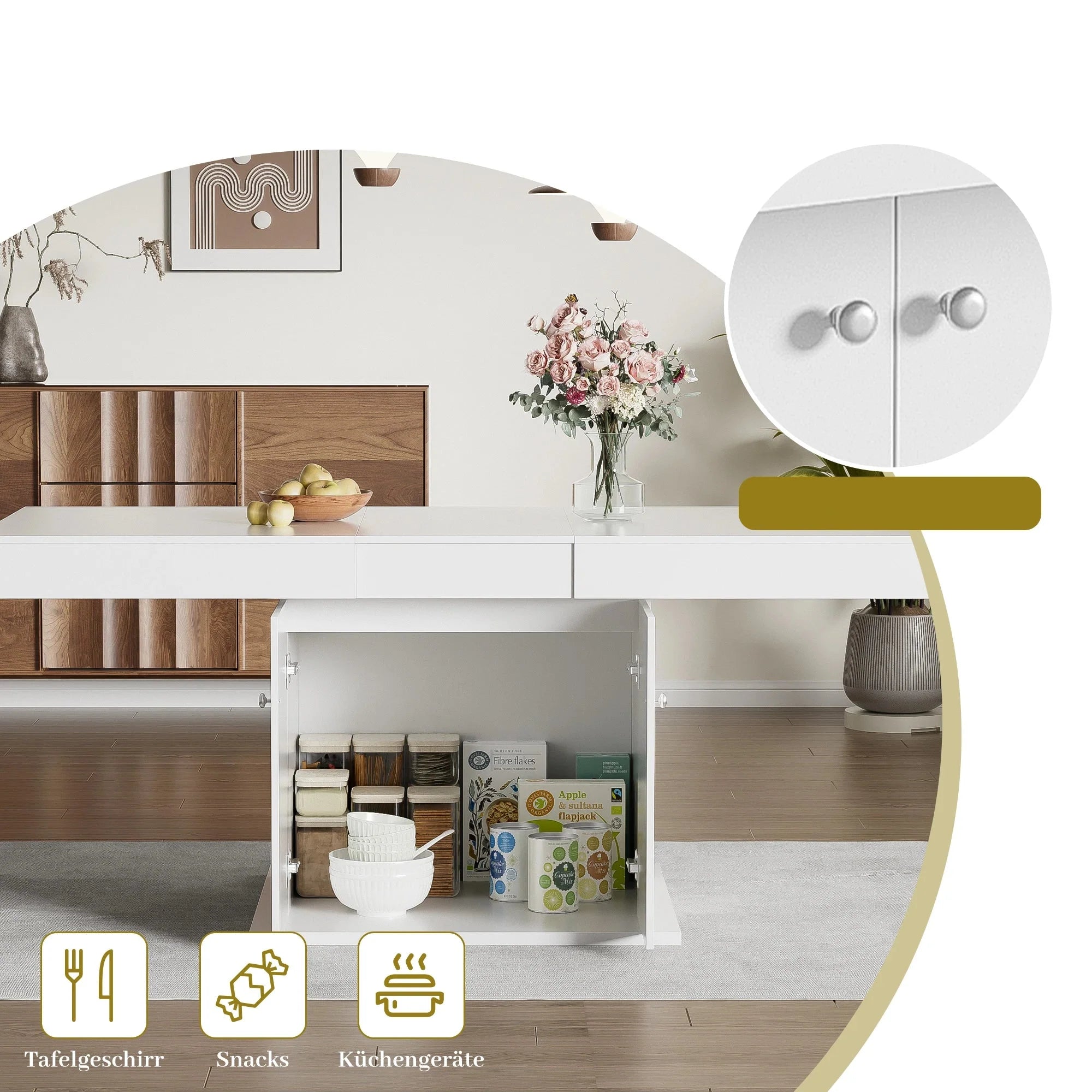 White extendable dining table with storage cupboard