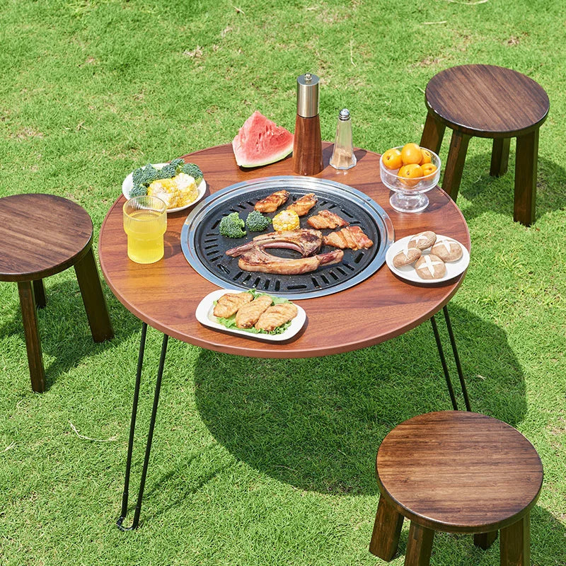 Table Ronde Pliante Portable avec Barbecue Intégré