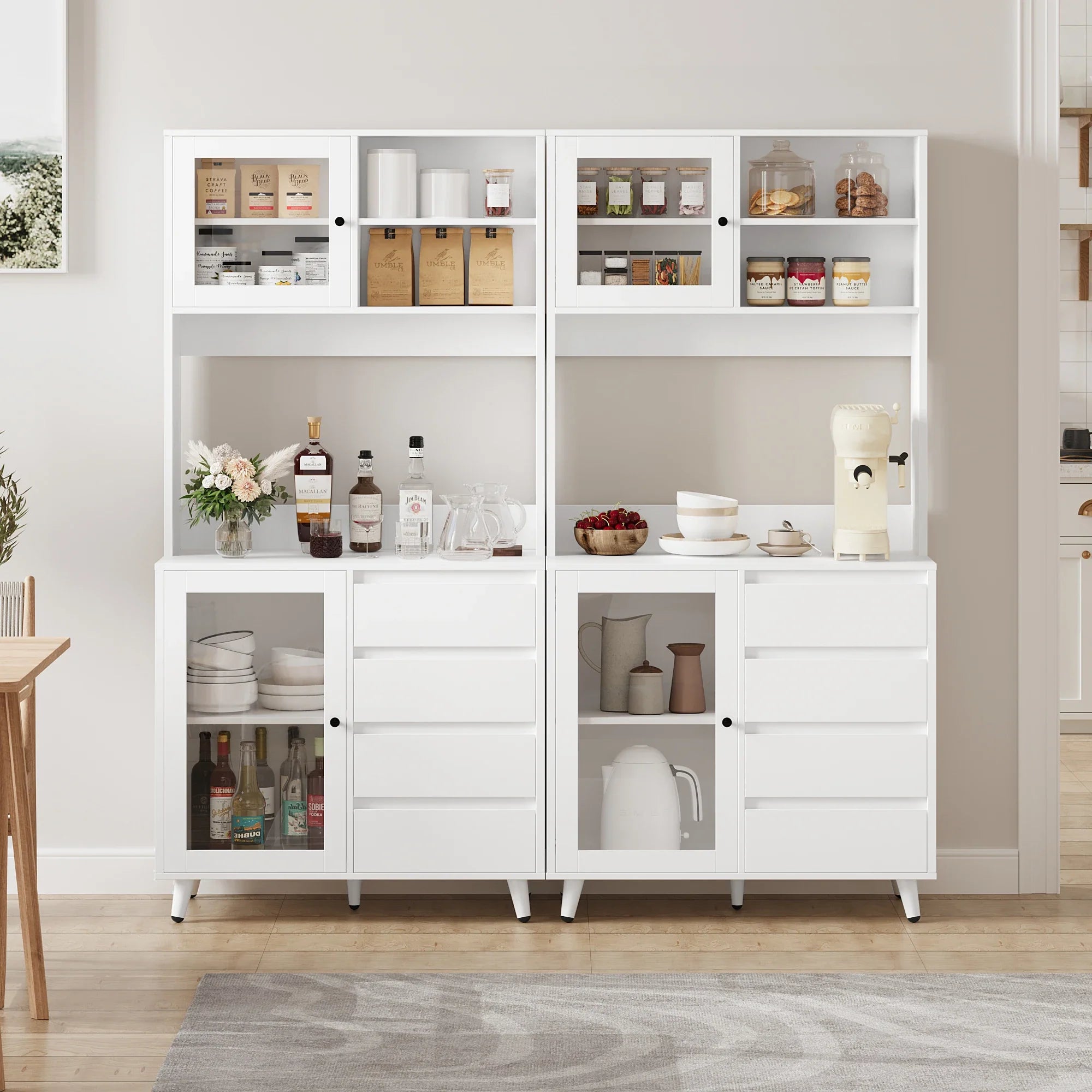 White kitchen sideboard with 4 drawers and glass doors 80x40x180cm