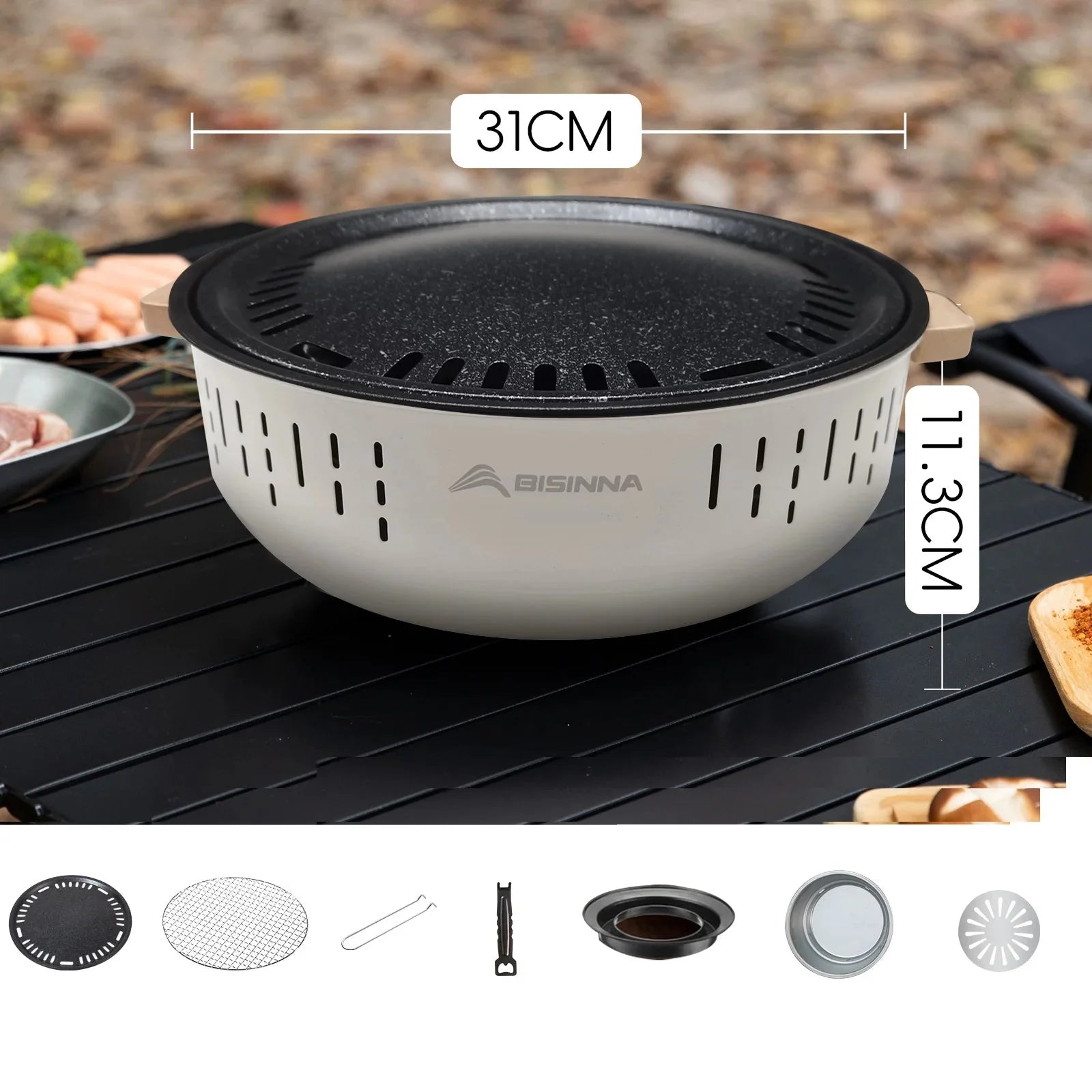 🍢 Mini Barbecue Portable Blanc avec Poignée en Bois | 31 x 31 x 13,5 cm