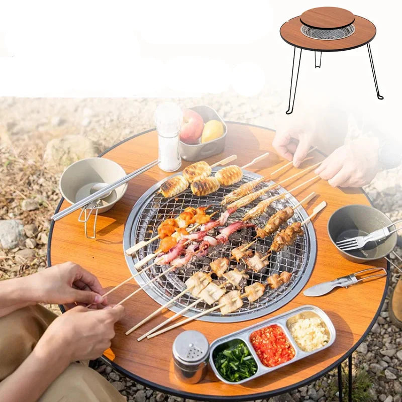 Table Ronde Pliante Portable avec Barbecue Intégré