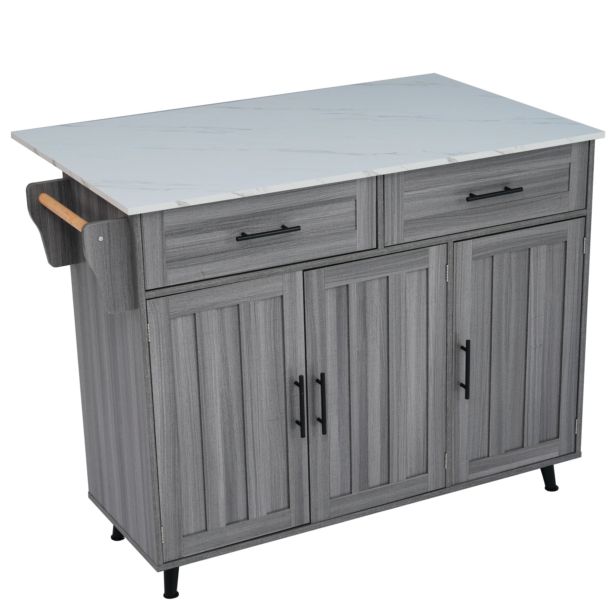 5-Wheel Kitchen Trolley – Khaki Grey Wood & Marble Top | 129 x 71 x 91.5 cm