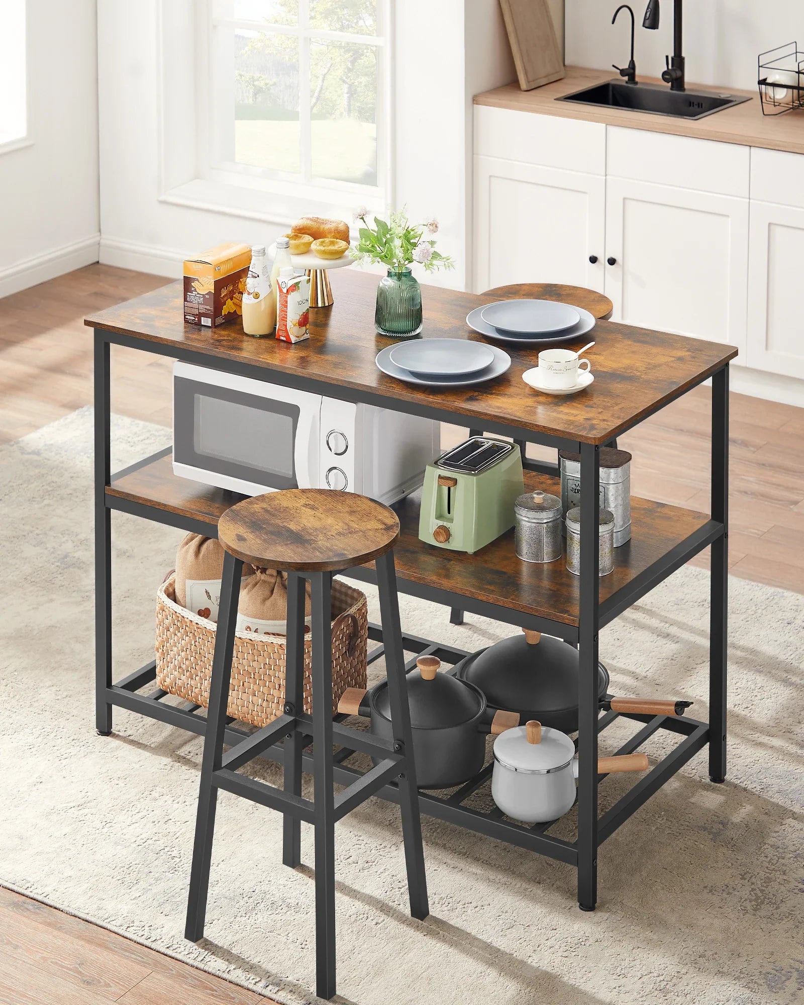 Rustic Industrial Kitchen Island – 3 Storage Tiers | 120 x 60 x 90 cm