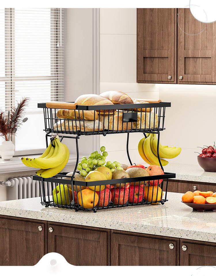 Corbeille a fruit en métal avec crochet et poignée en bois et empilable et amovible