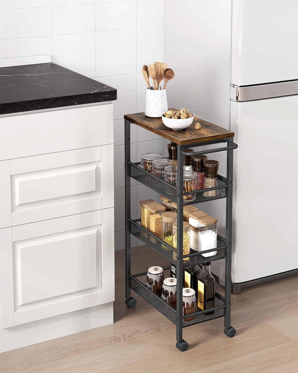 Industrial Style 4-Tier Kitchen Trolley with Wheels | 22 x 45.4 x 77 cm