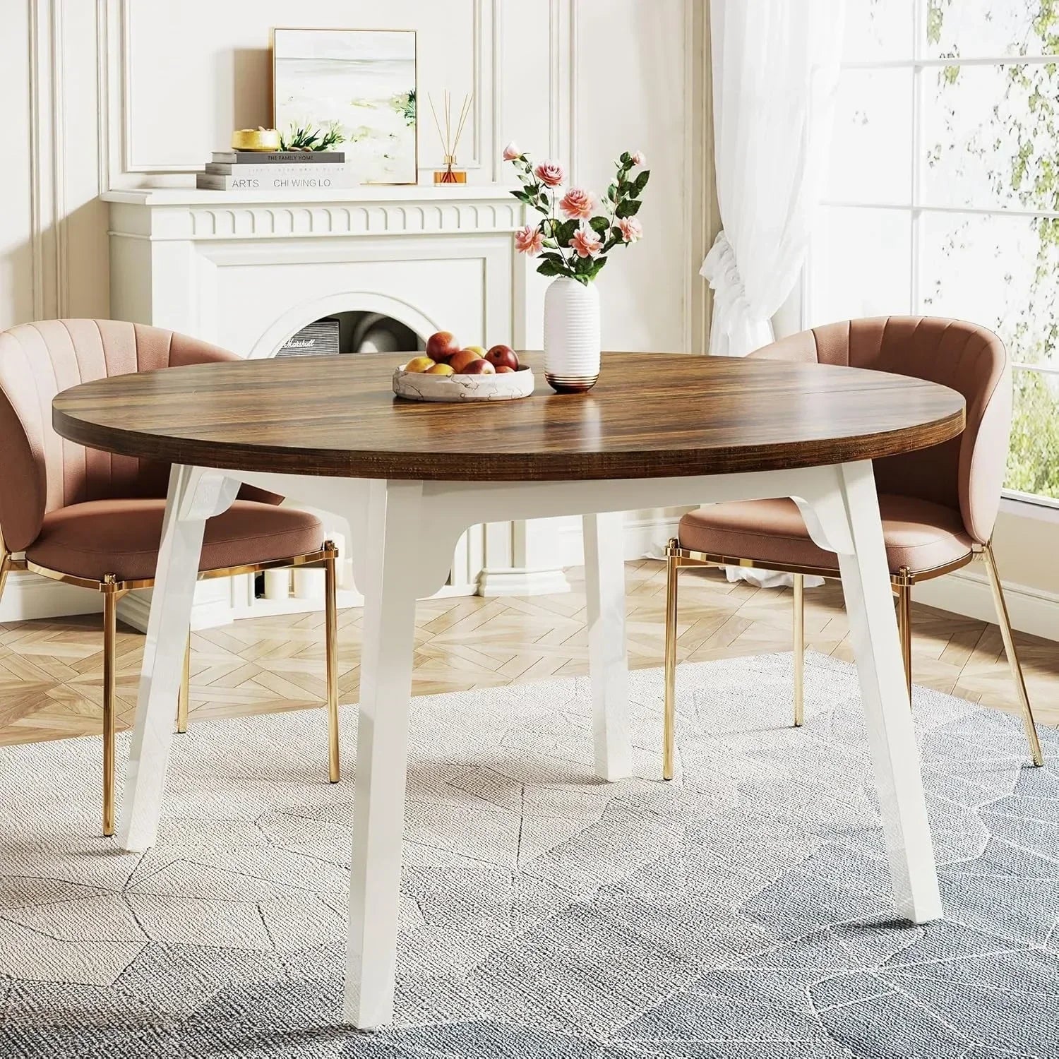 🍽️ Round Dining Table – Seats 4 to 6 | Solid Wood Legs | Vintage and Elegant Design