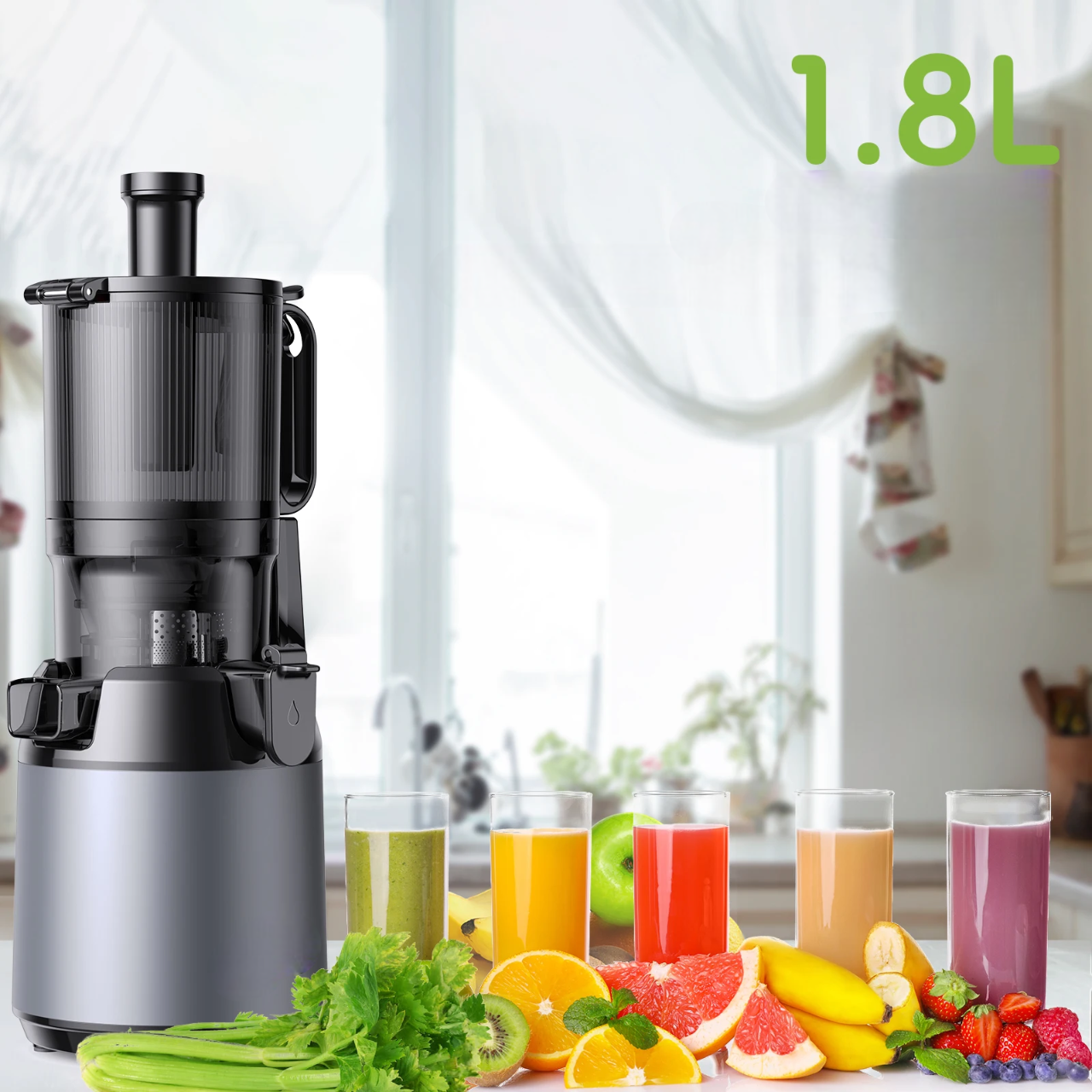 Extracteur de Jus XL à Froid à Rotation Lente – 130mm Largeur | Jus Pur & Sain | 1.8L