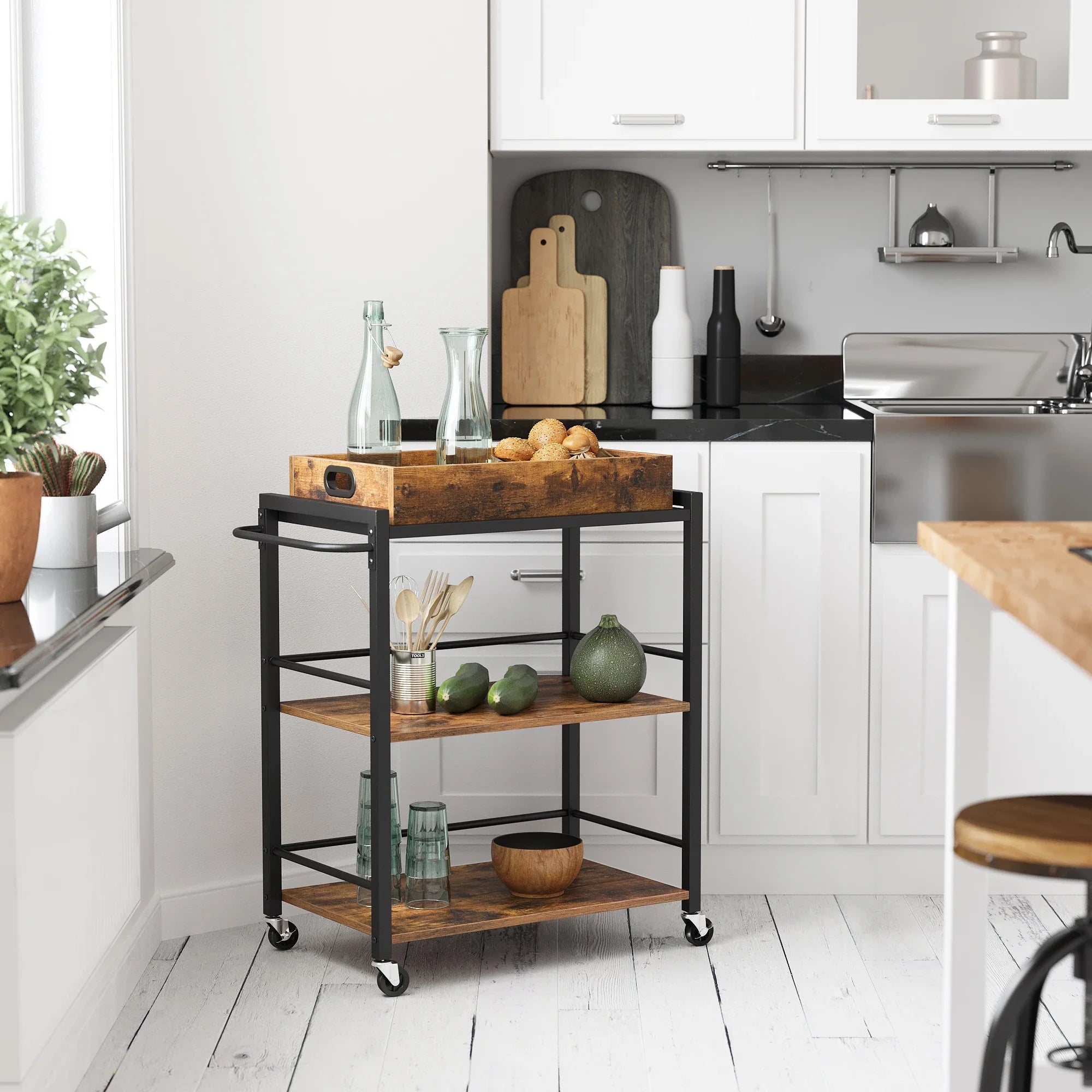 Industrial Style Rolling Kitchen Trolley with Removable Tray | 40 x 72 x 86 cm