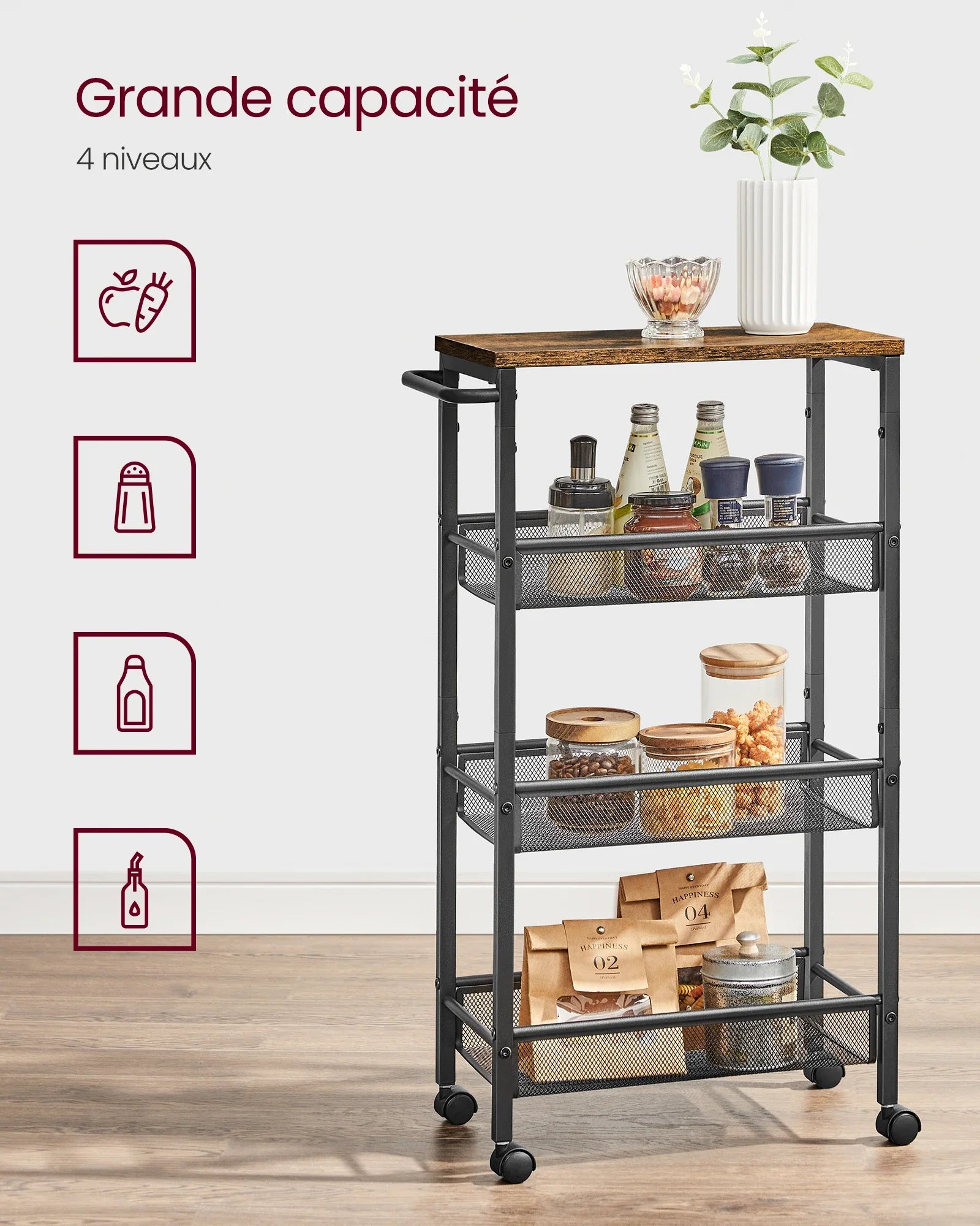 Industrial Style 4-Tier Kitchen Trolley with Wheels | 22 x 45.4 x 77 cm