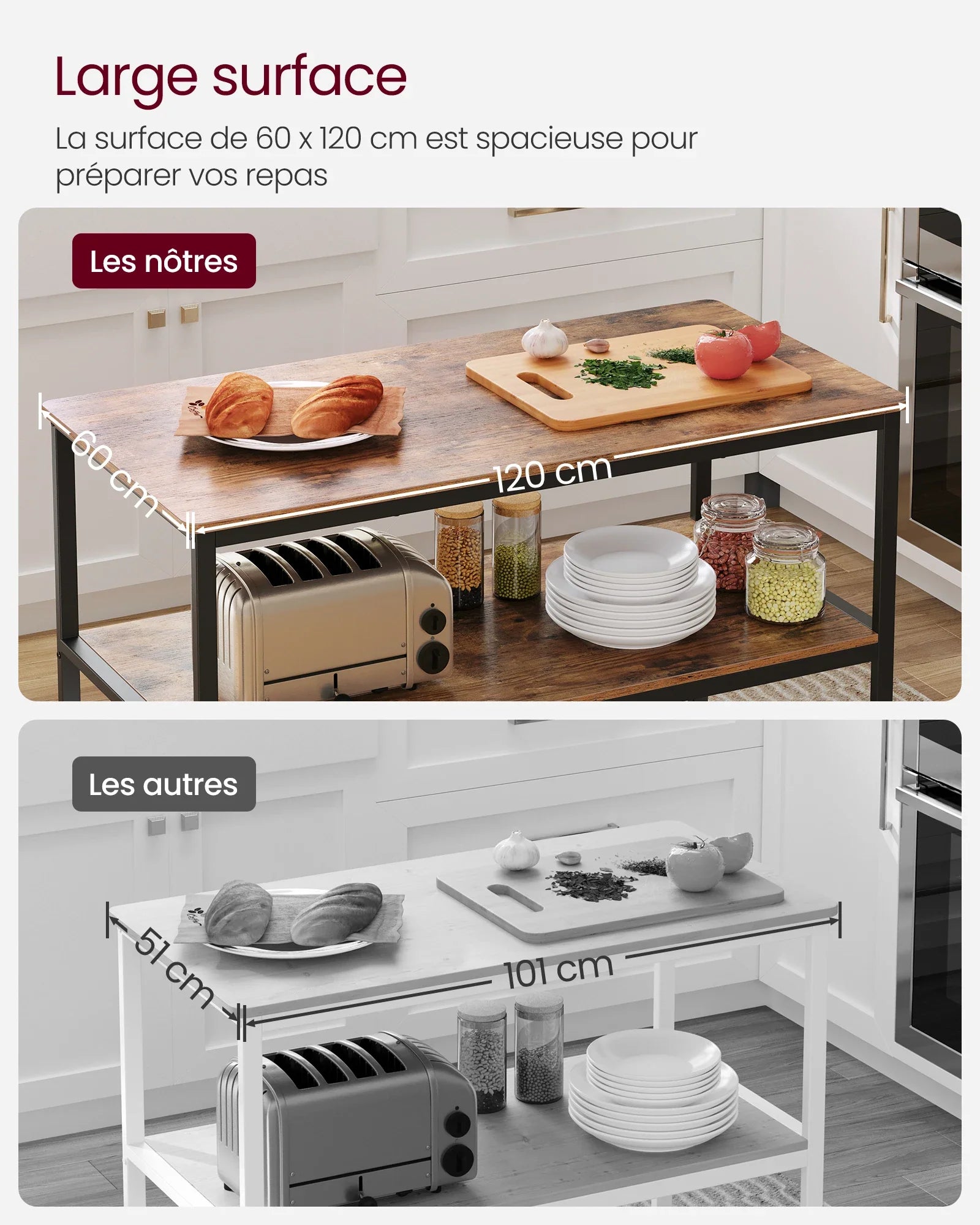 Rustic Industrial Kitchen Island – 3 Storage Tiers | 120 x 60 x 90 cm