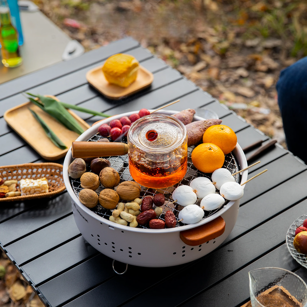 🍢 Mini Barbecue Portable Blanc avec Poignée en Bois | 31 x 31 x 13,5 cm