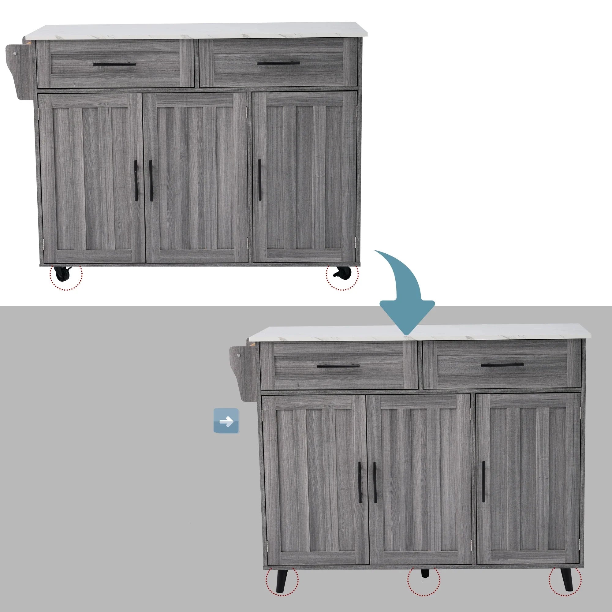 5-Wheel Kitchen Trolley – Khaki Grey Wood & Marble Top | 129 x 71 x 91.5 cm