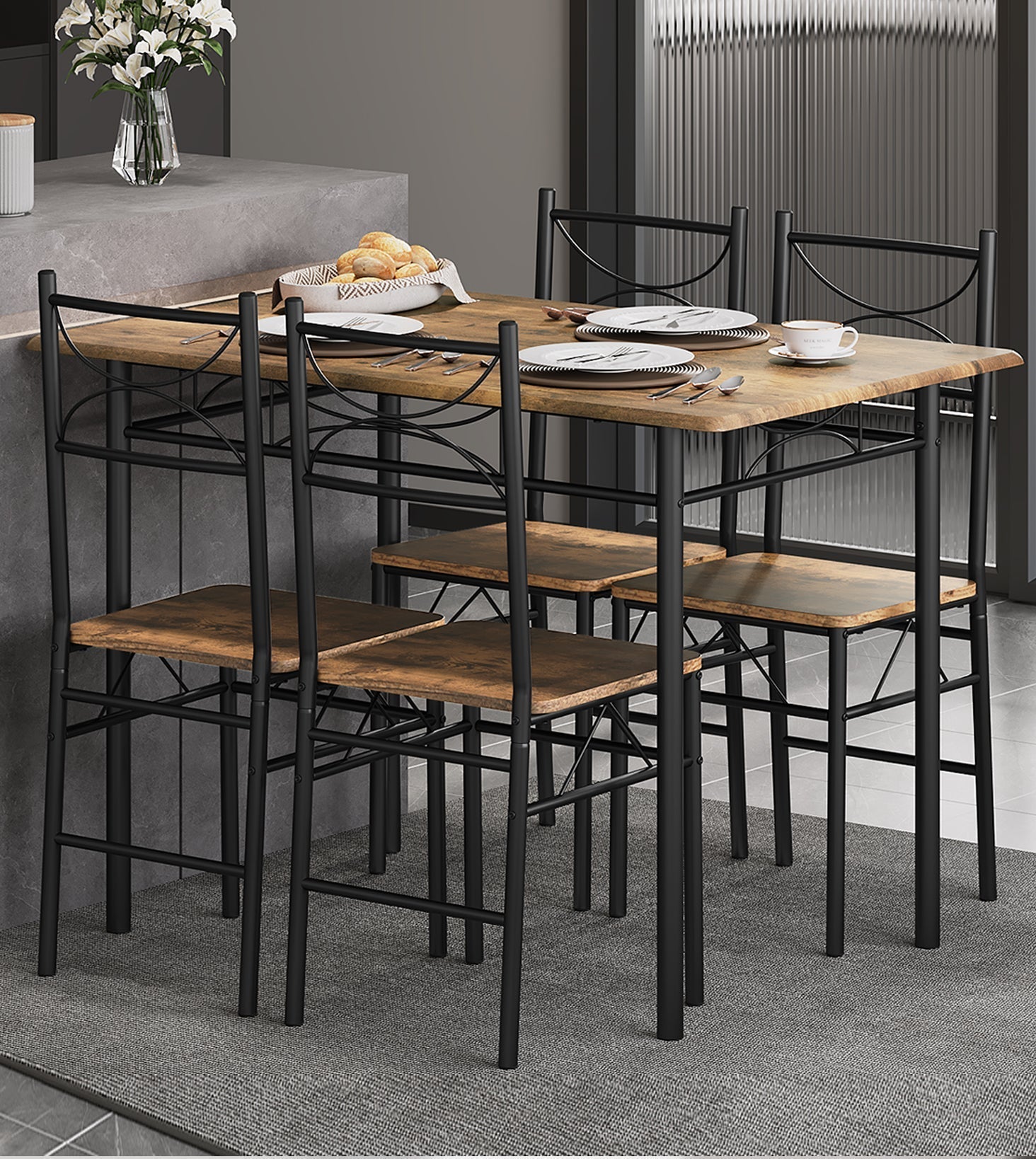 Industrial Dining Table Set with 4 Chairs – 110 x 76 x 70 cm