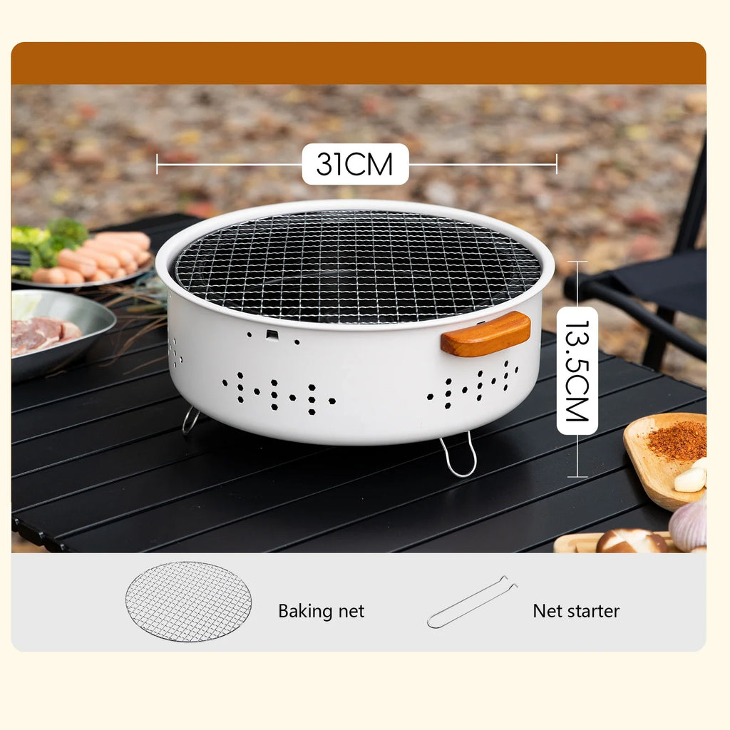 🍢 Mini Barbecue Portable Blanc avec Poignée en Bois | 31 x 31 x 13,5 cm
