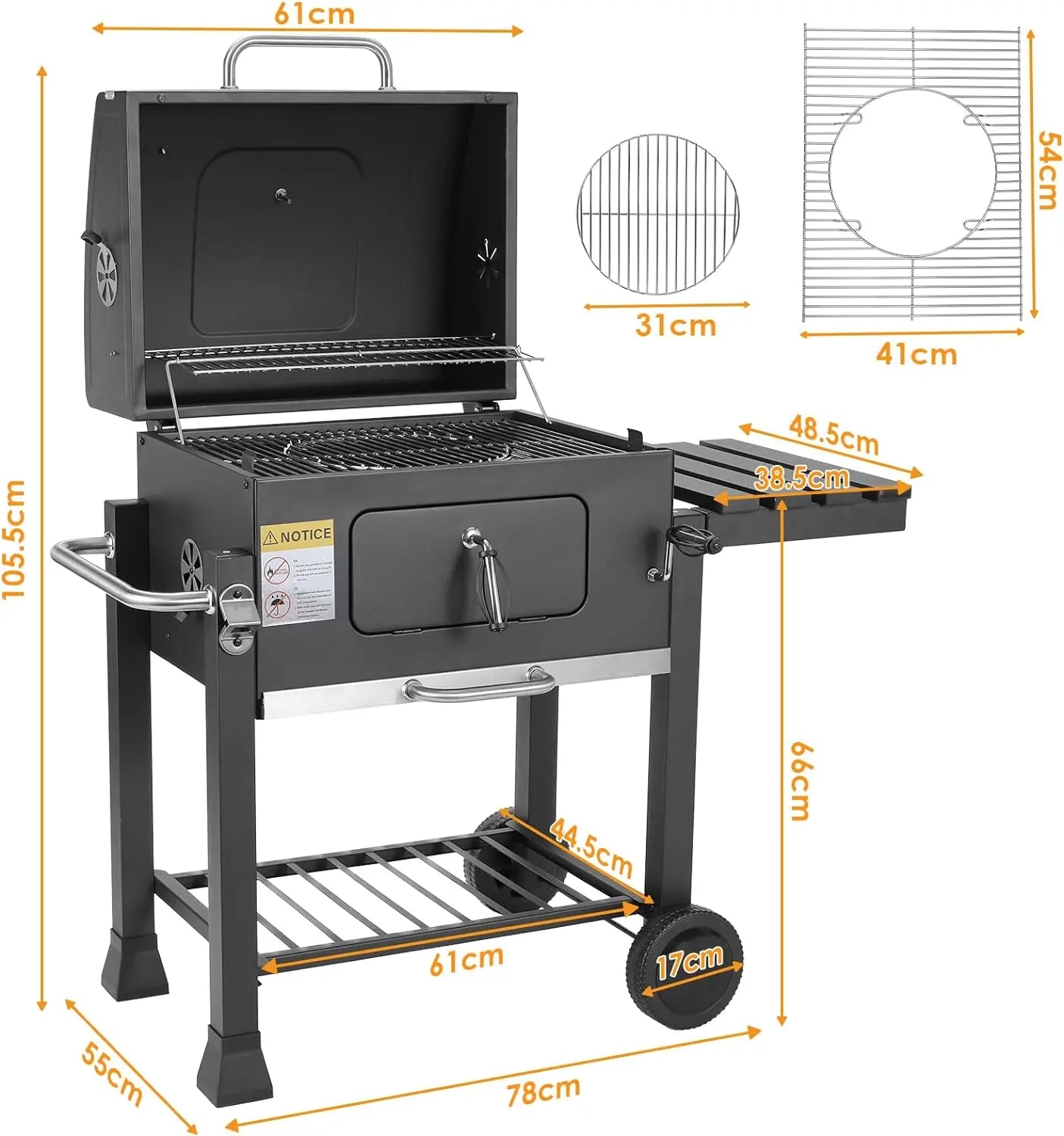 Chariot de barbecue au charbon familial avec 3 grilles | 116cm x 55,7cm x 100 cm