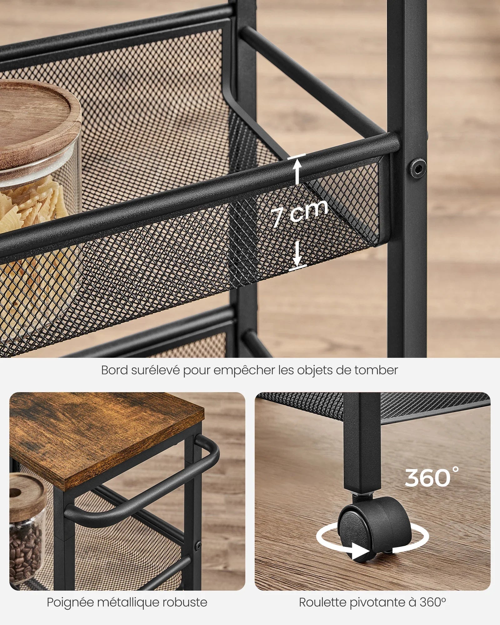 Industrial Style 4-Tier Kitchen Trolley with Wheels | 22 x 45.4 x 77 cm