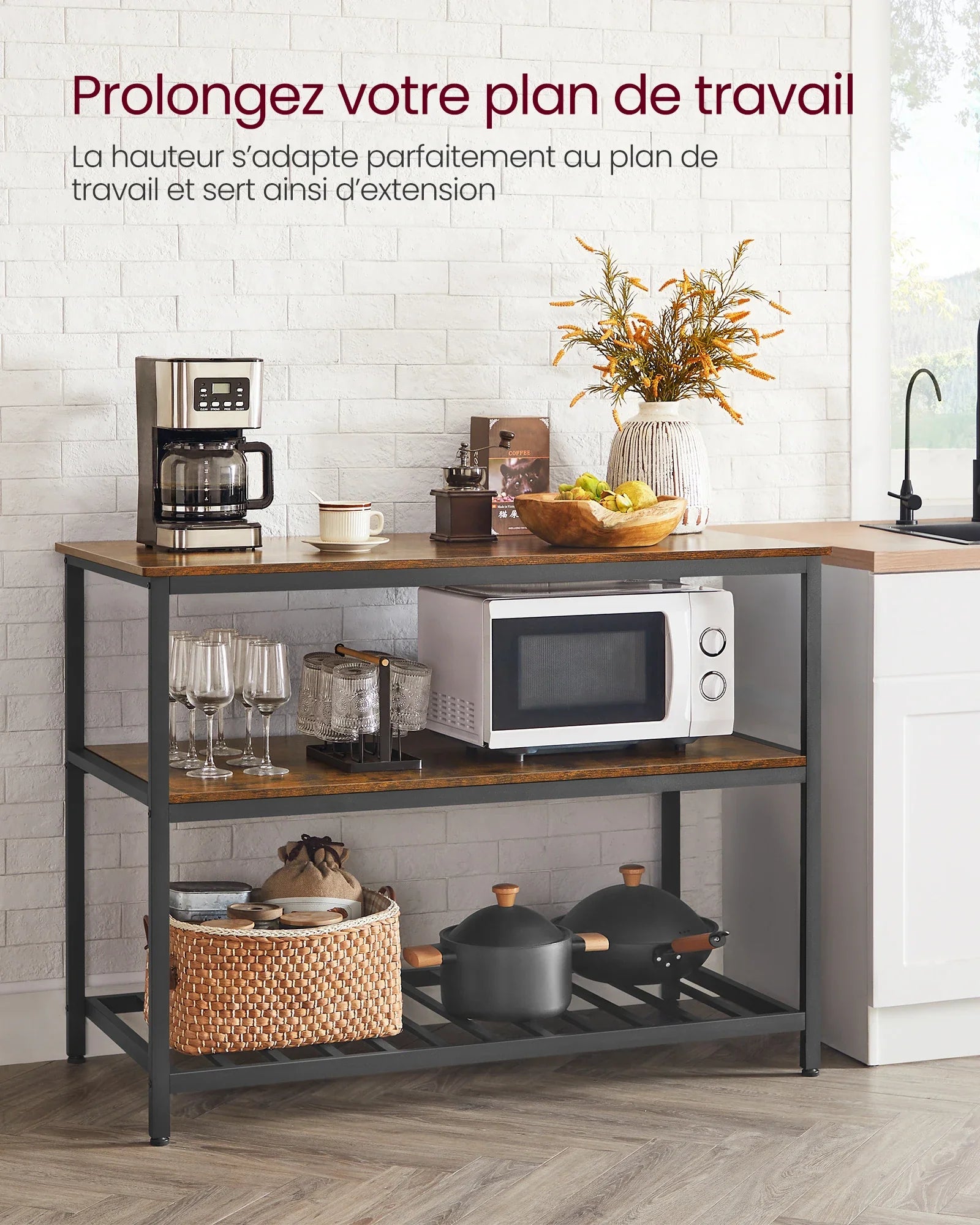 Rustic Industrial Kitchen Island – 3 Storage Tiers | 120 x 60 x 90 cm