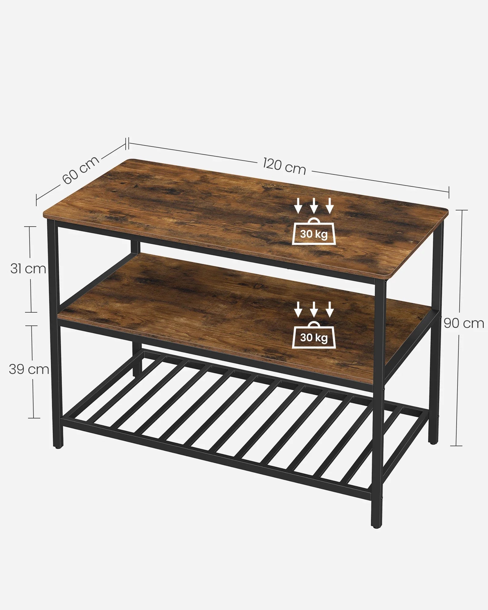 Rustic Industrial Kitchen Island – 3 Storage Tiers | 120 x 60 x 90 cm