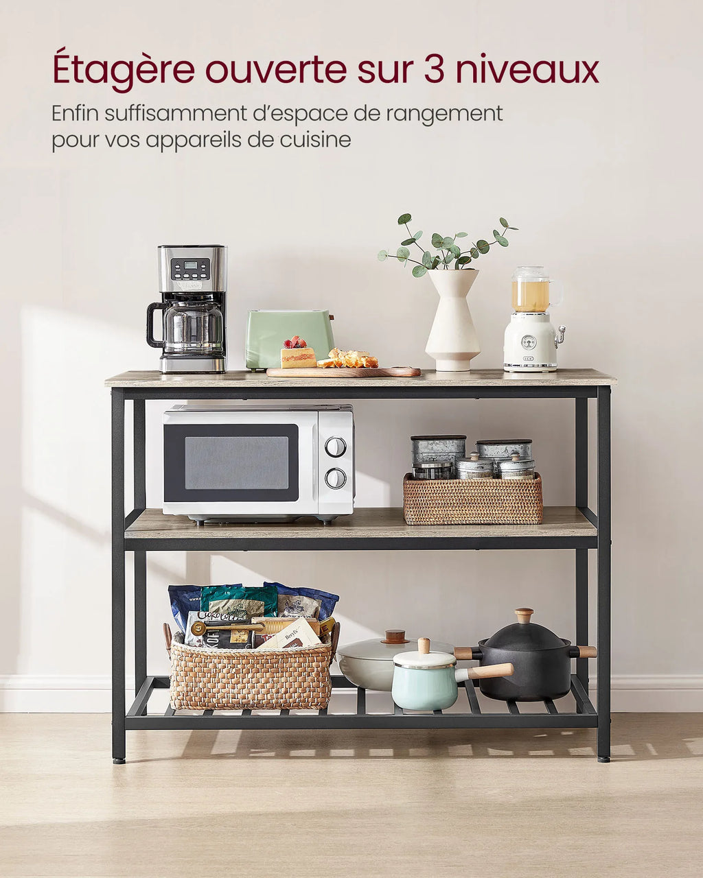 🍴 Îlot de Cuisine Grège Rustique Industriel – 3 Niveaux de Rangement | 120 x 60 x 90 cm