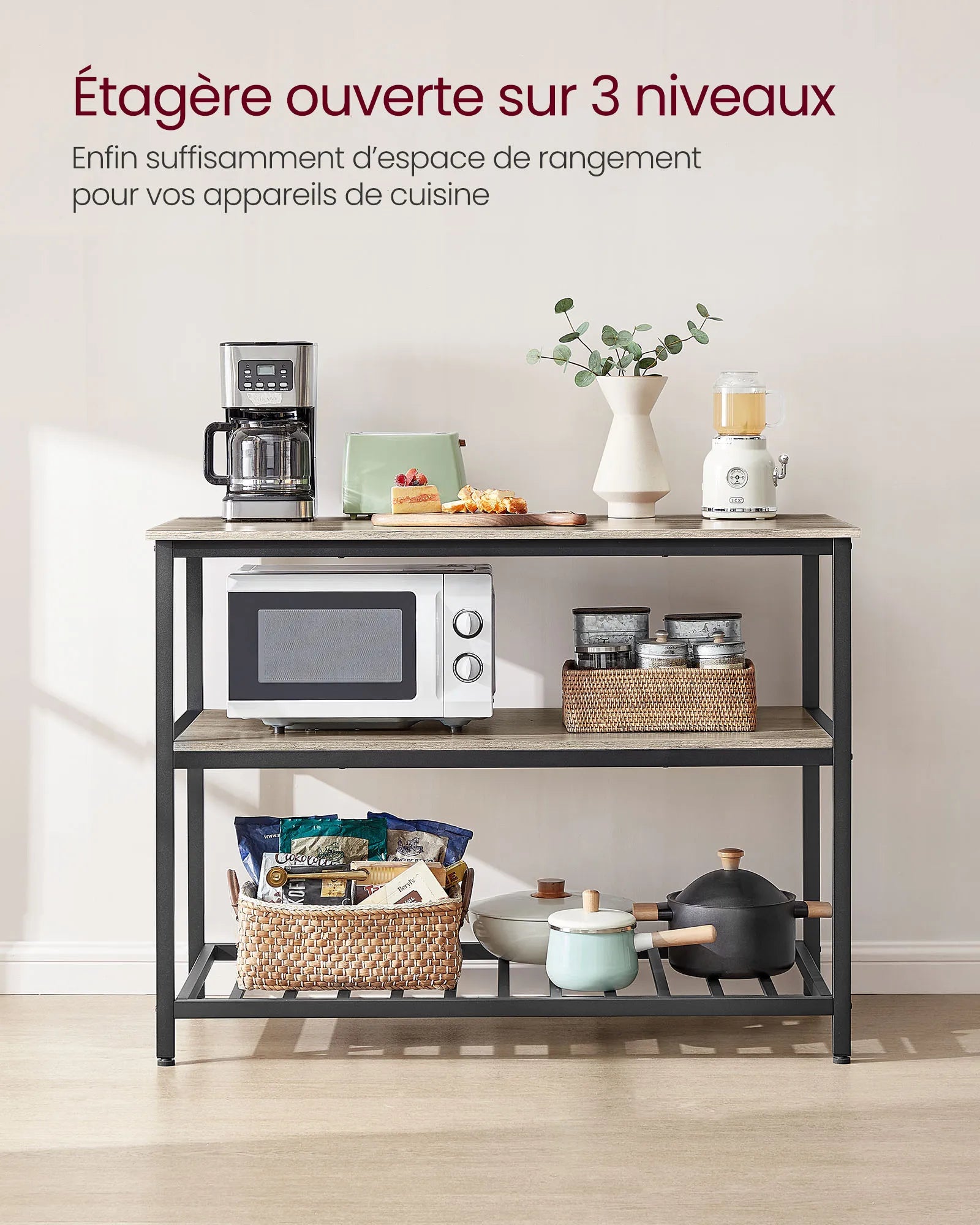 🍴 Îlot de Cuisine Grège Rustique Industriel – 3 Niveaux de Rangement | 120 x 60 x 90 cm