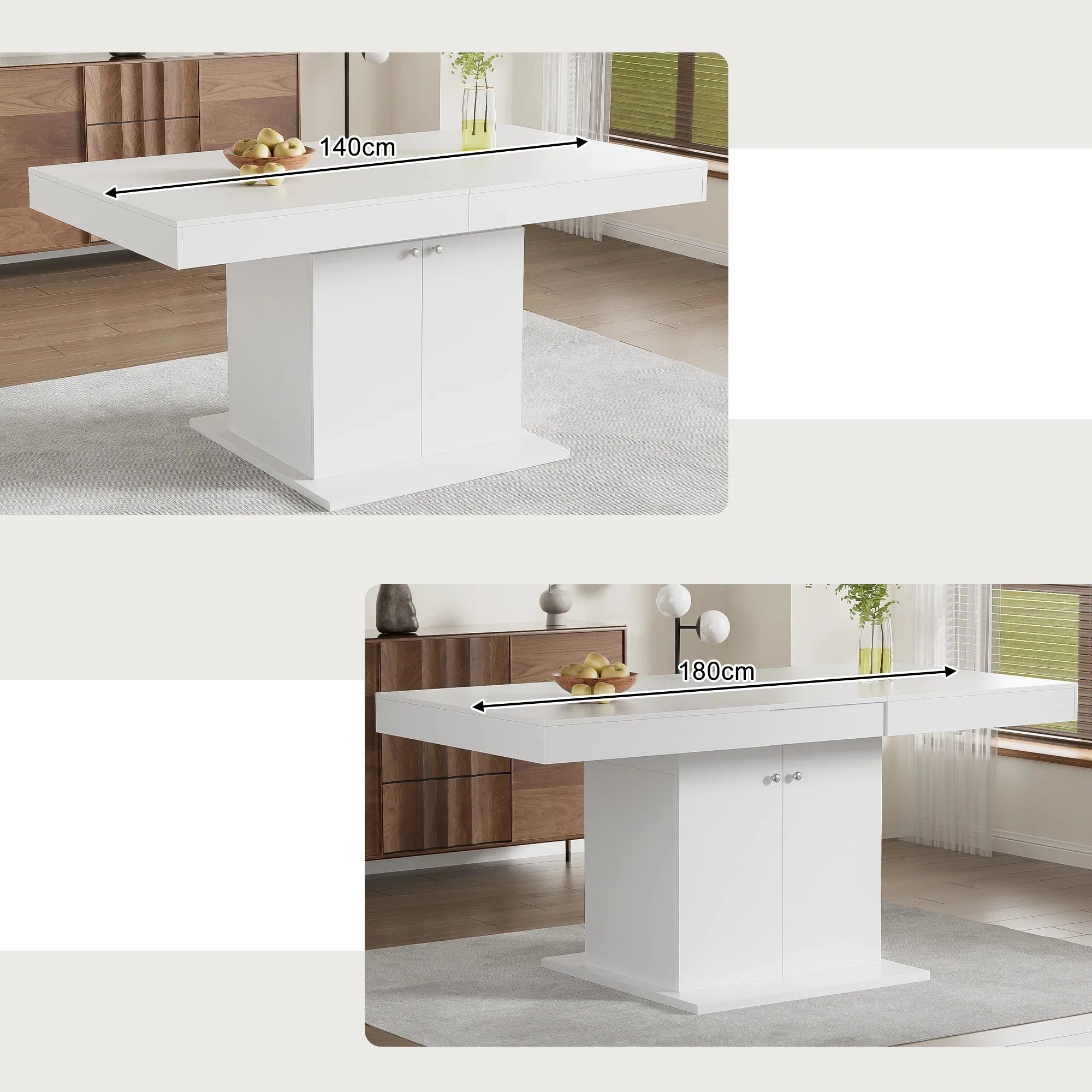 White extendable dining table with storage cupboard