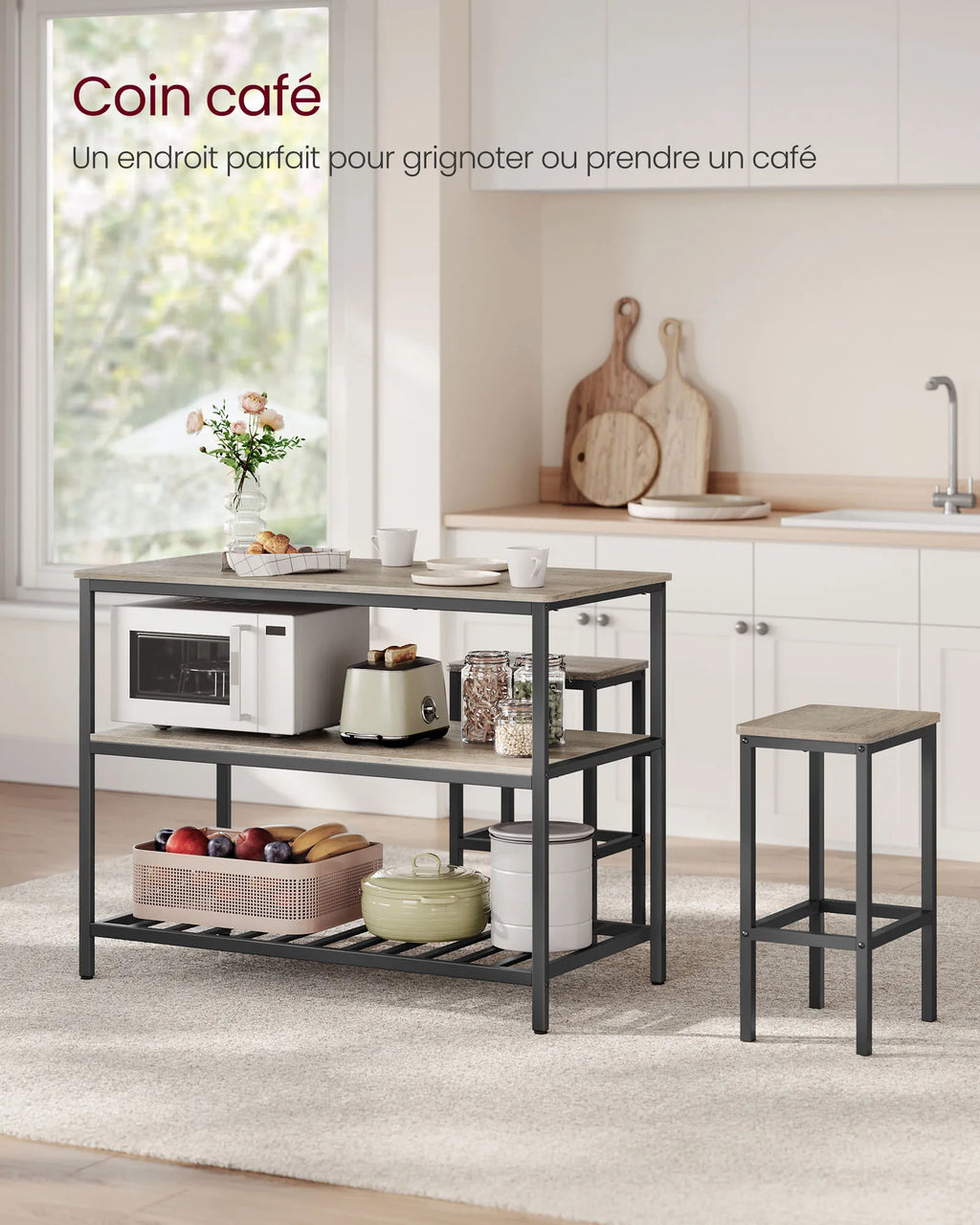 🍴 Îlot de Cuisine Grège Rustique Industriel – 3 Niveaux de Rangement | 120 x 60 x 90 cm