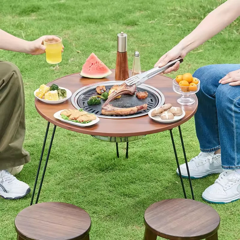 Table Ronde Pliante Portable avec Barbecue Intégré
