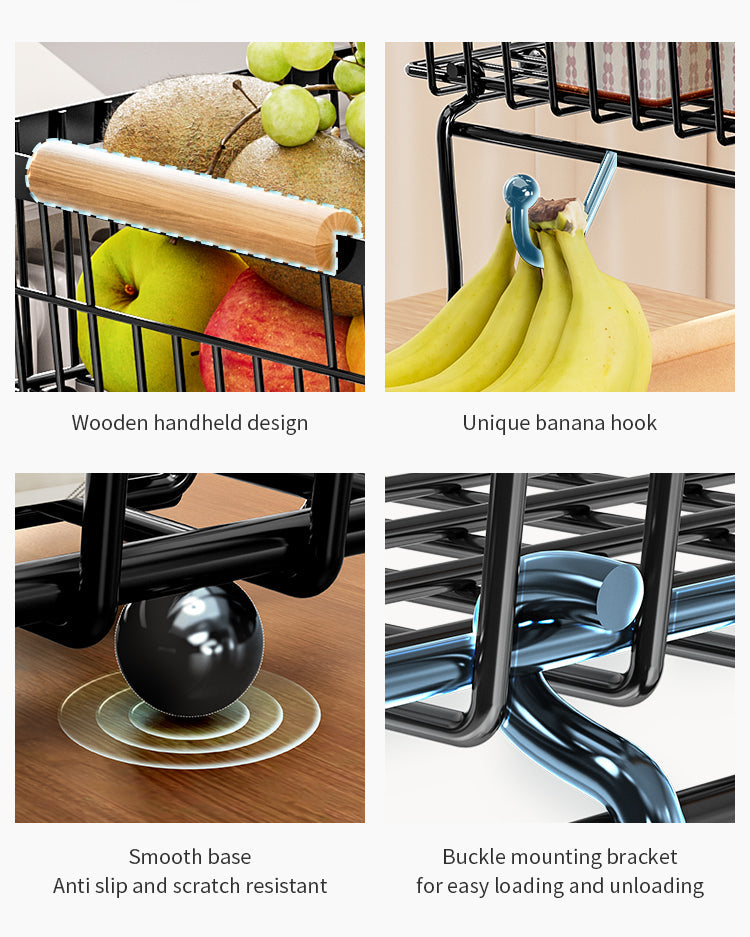 Corbeille a fruit en métal avec crochet et poignée en bois et empilable et amovible