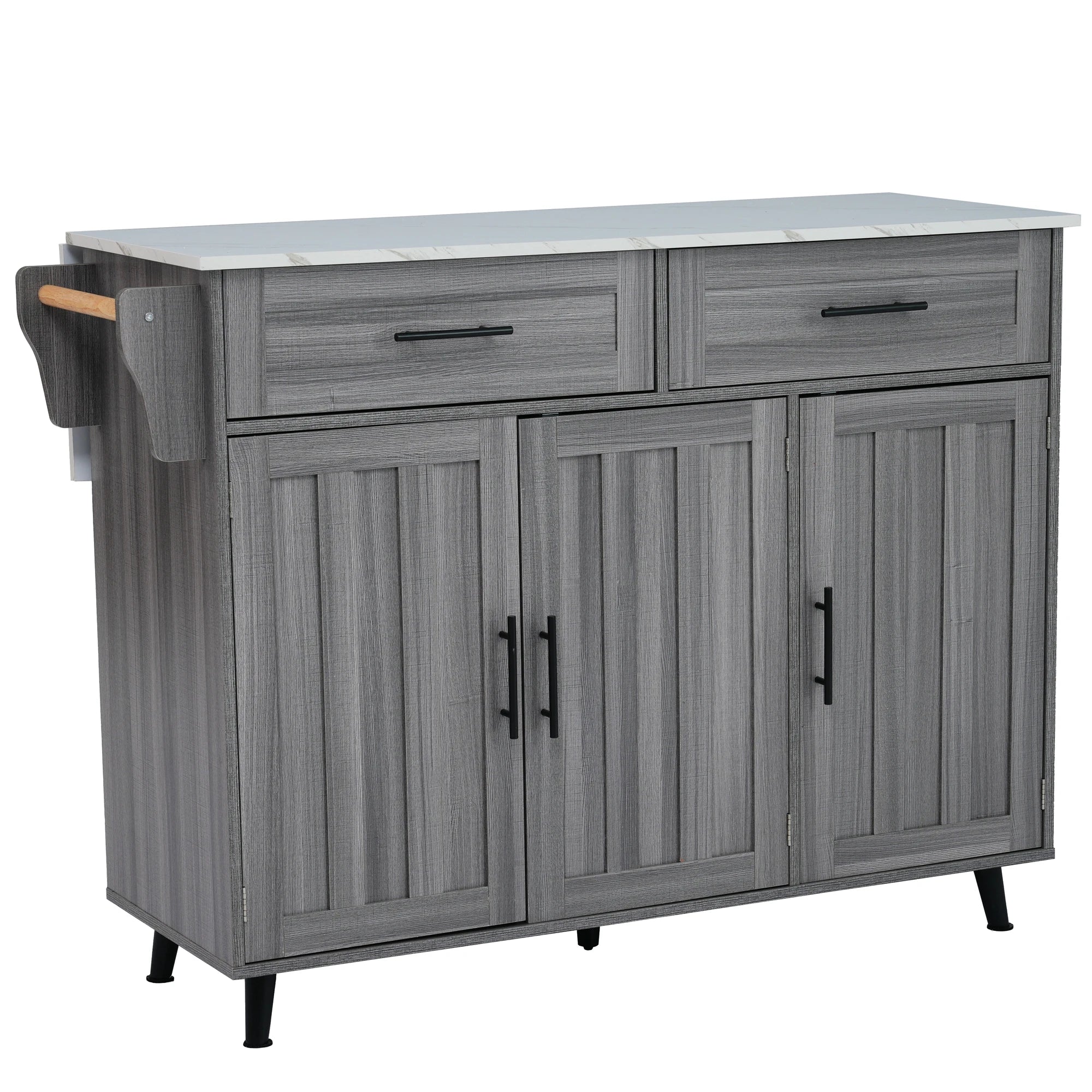 5-Wheel Kitchen Trolley – Khaki Grey Wood & Marble Top | 129 x 71 x 91.5 cm