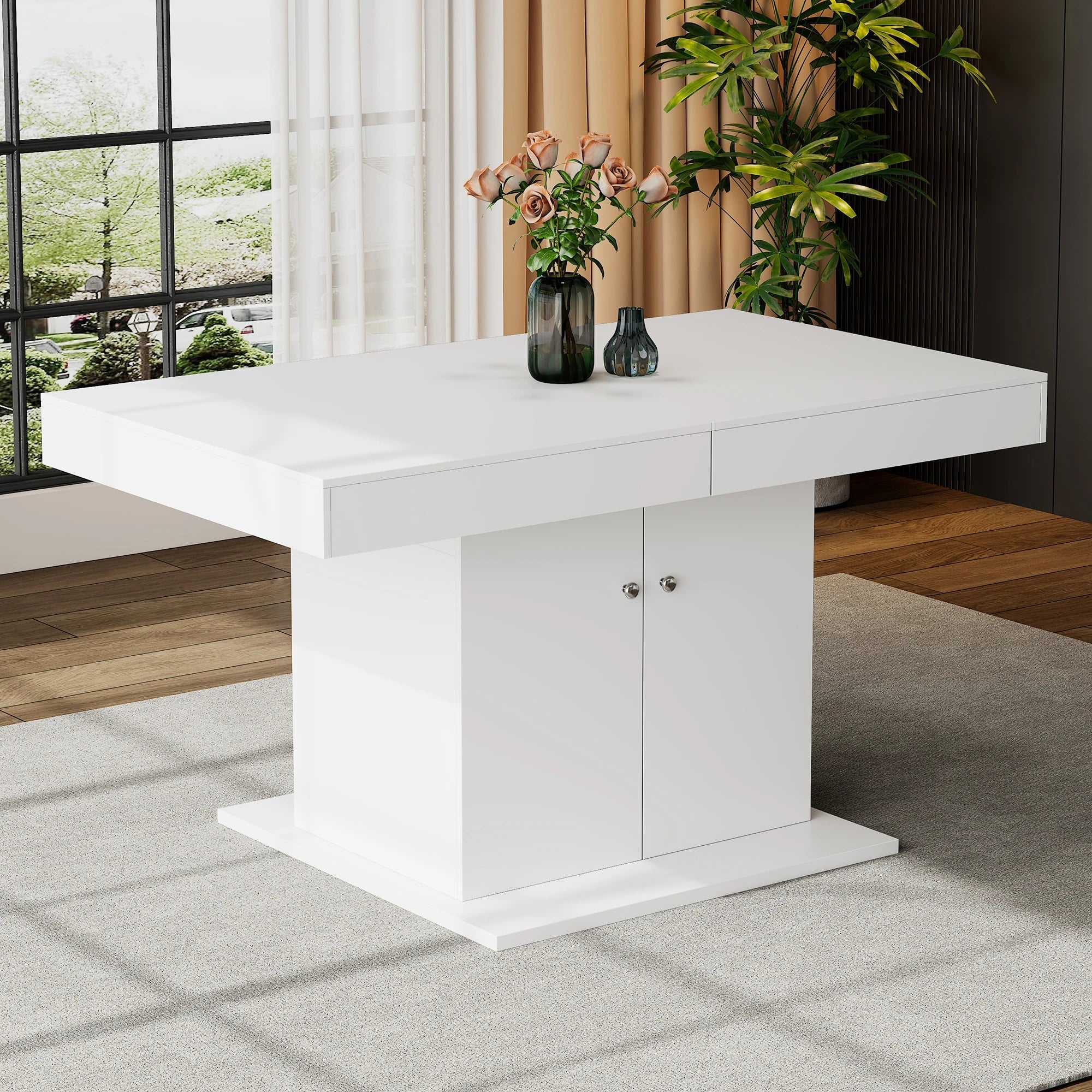 White extendable dining table with storage cupboard