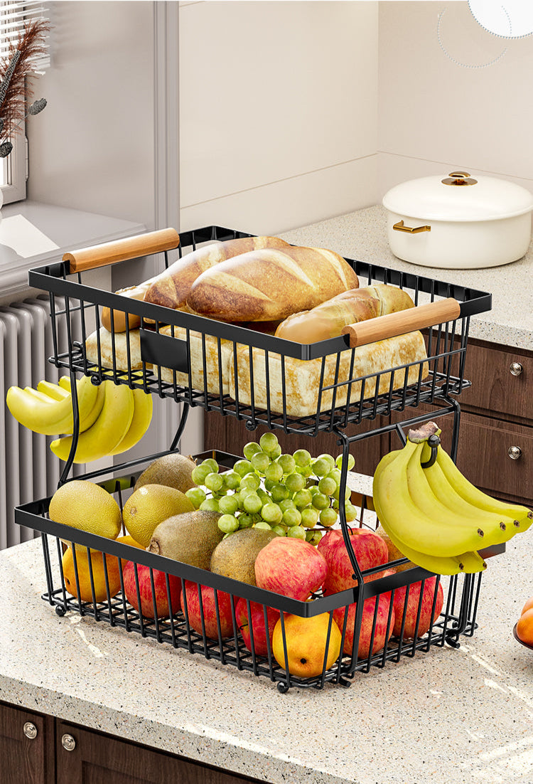 Corbeille a fruit en métal avec crochet et poignée en bois et empilable et amovible