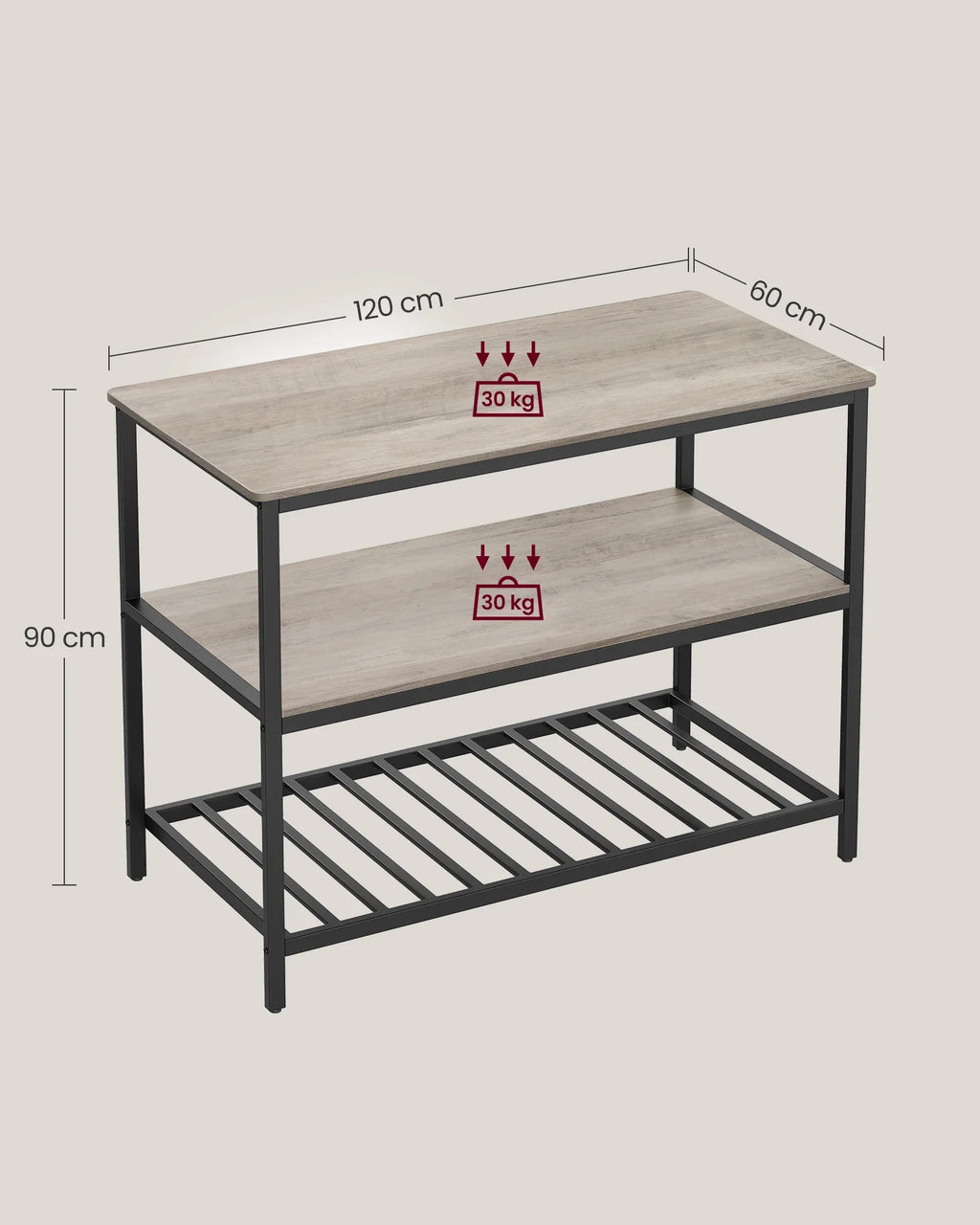 🍴 Îlot de Cuisine Grège Rustique Industriel – 3 Niveaux de Rangement | 120 x 60 x 90 cm