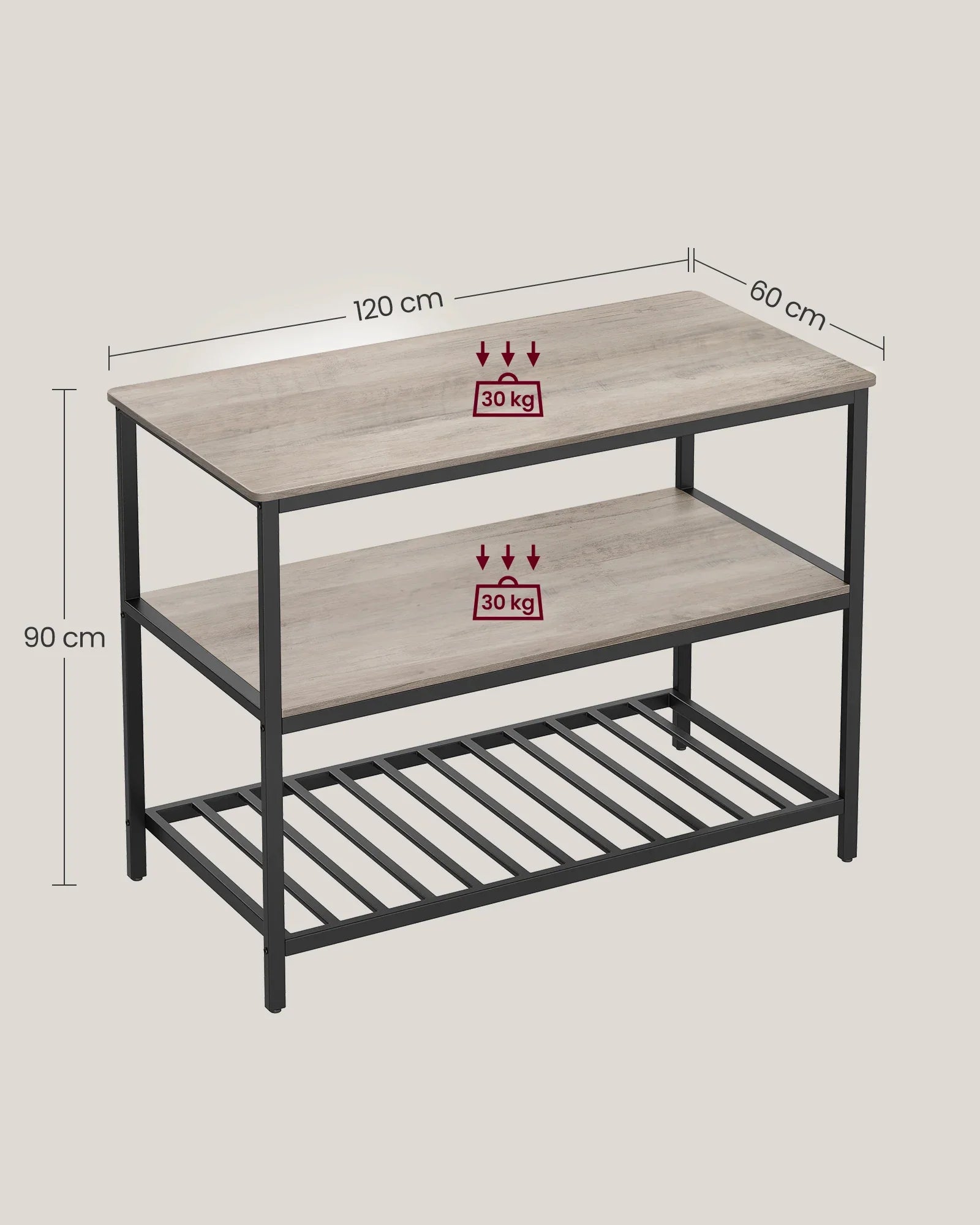 🍴 Îlot de Cuisine Grège Rustique Industriel – 3 Niveaux de Rangement | 120 x 60 x 90 cm